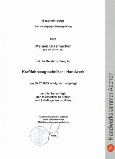 Bescheinigung Meisterprüfung M. Glasmacher